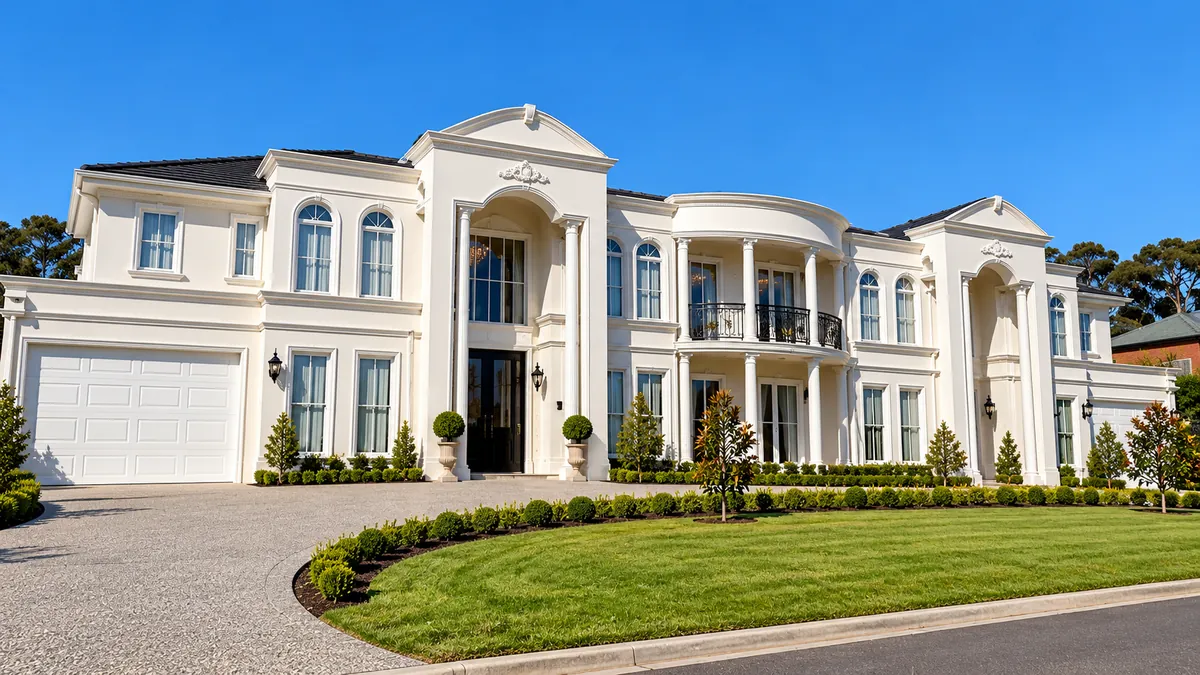 20 Monroe Court, Narre Warren North: grand double-storey façade with columns, arched windows and curved balcony