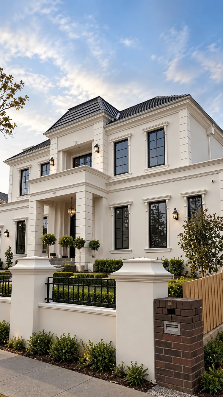 11 Bruce Street, Balwyn: double-storey façade with window mouldings, rendered piers and pier caps