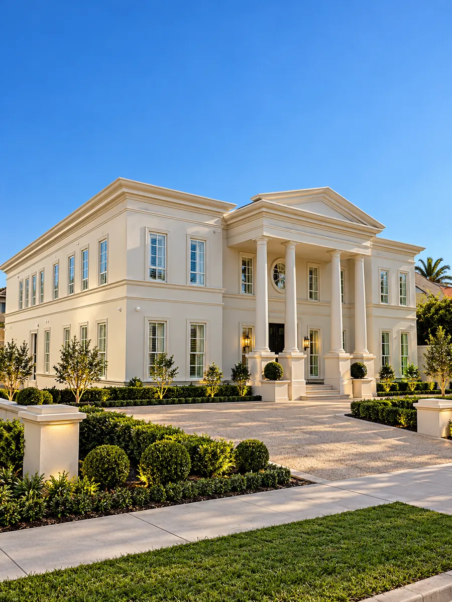 426 Punt Road, South Yarra: two-storey façade with portico columns, pediment, cornices and window mouldings